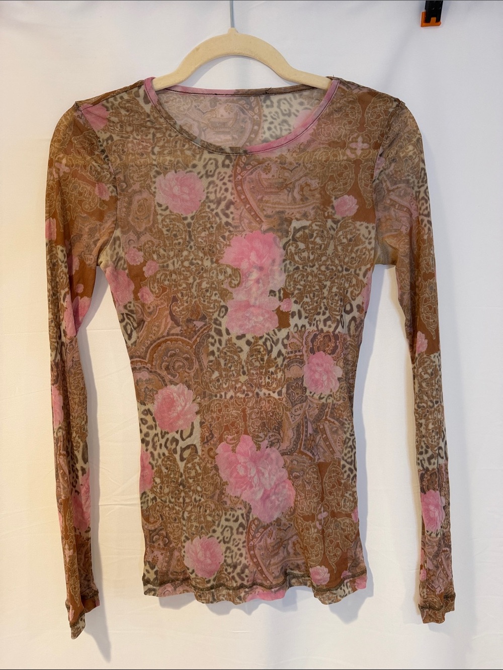 Vintage Sheer Floral Print Long-Sleeve Top Pink & Brown, Probs size small